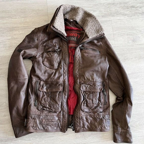 SUPERDRY VINTAGE TARPIT LEATHER MOTO JACKET WITH FAUX FUR COLLAR-SMALL - Picture 1 of 9